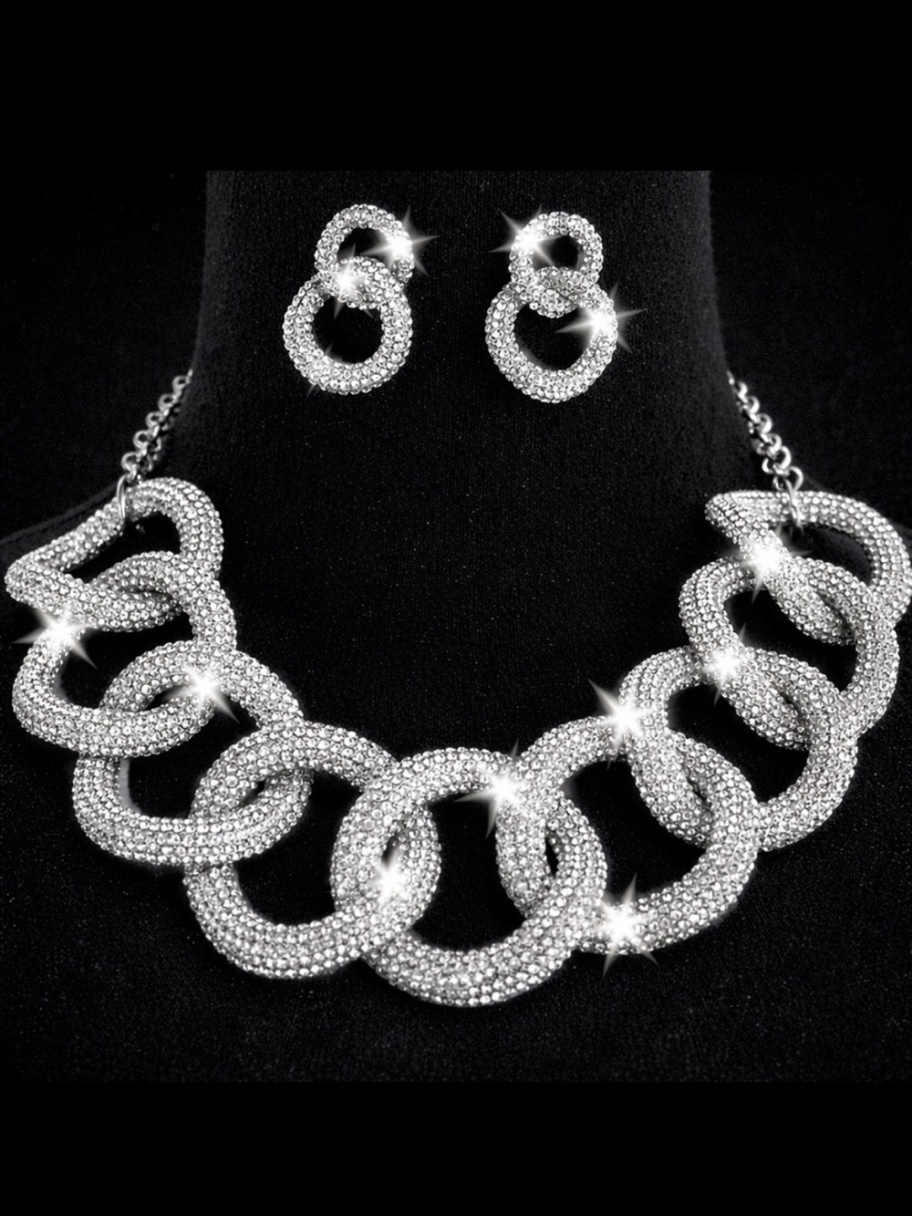 Silver statement Micro Pave Crystal Chunky curb Chain Link Necklace Earring Set
